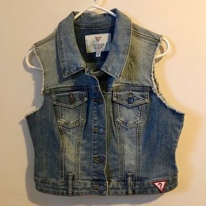 GUESS Distressed Denim Vest Jacket Lightwash